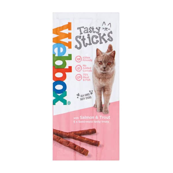 Salmon and trout sticks cats treats packaging.