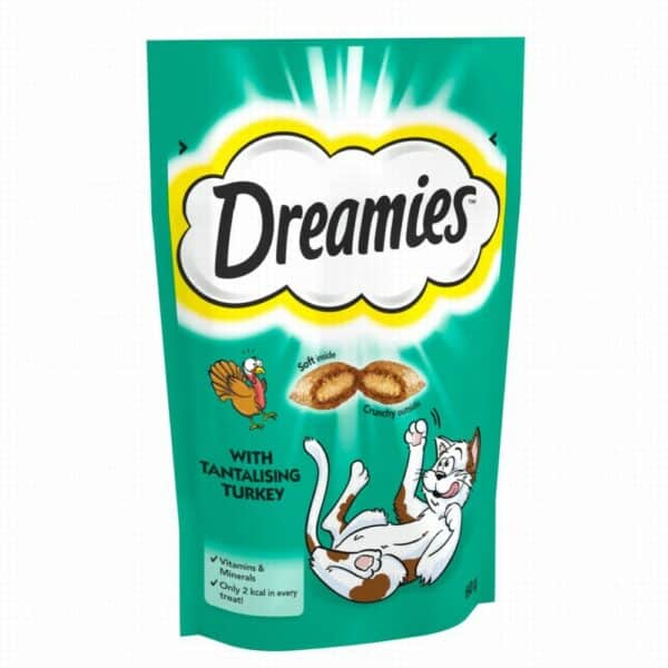 Turkey flavoured Dreamies cat treats packaging.