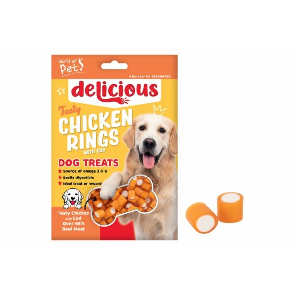 Chicken and cod dog treats packaging.