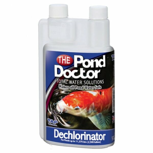 A bottle of Dechlorinator for fish ponds.