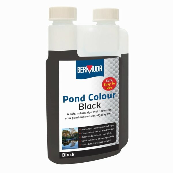 A bottle of Pond colour black dye for fish ponds.