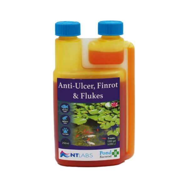 A bottle of anti-ulcer, finrot & flukes treatment for fish ponds.