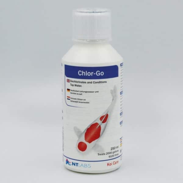 A bottle of Chlor-Go treatment for koi fish.