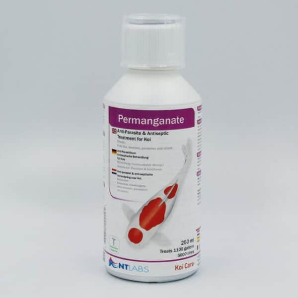 A bottle of permanganate anti-parasite and antiseptic treatment for koi fish.