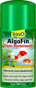 A bottle of AlgoFin treatment for fish ponds.