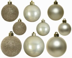 9 mixed sizes and finishes of pearl coloured baubles.