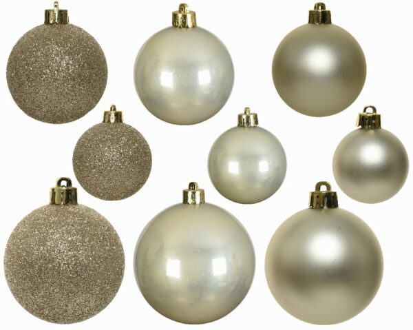 9 mixed sizes and finishes of pearl coloured baubles.