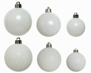 9 mixed sizes and finishes of winter white coloured baubles.