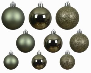 9 mixed sizes and finishes of rosemary green coloured baubles.