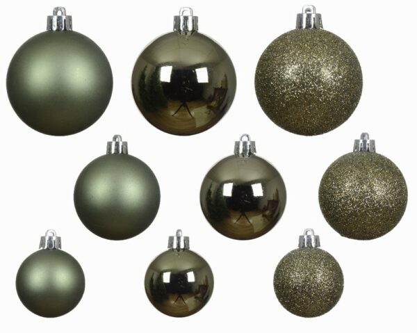 9 mixed sizes and finishes of rosemary green coloured baubles.