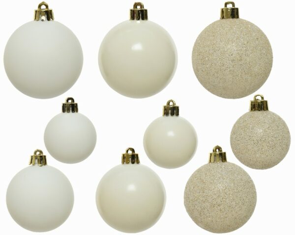 9 mixed sizes and finishes of wool white coloured baubles.