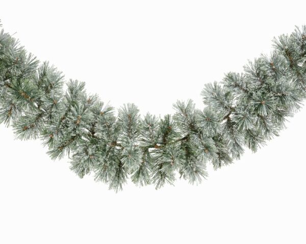 A 9 foot long artificial Christmas fir garland with frosted snow tips.