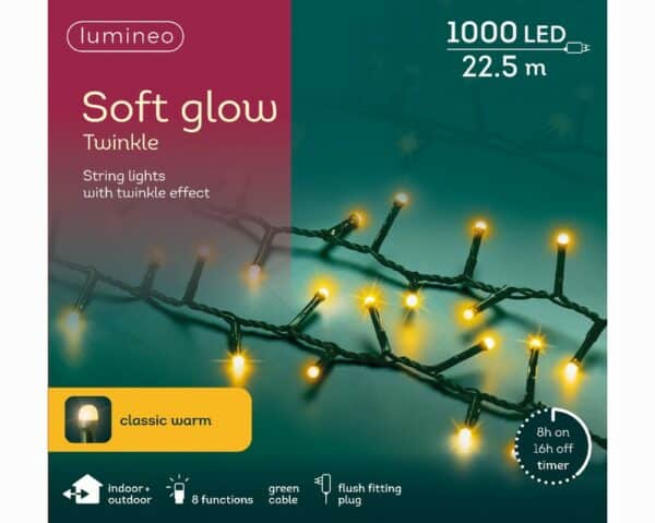 1000 LED soft glow twinkle lights in classic warm.