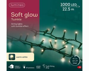 1000 LED soft glow twinkle lights in warm white.