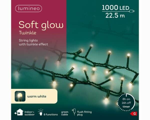 1000 LED soft glow twinkle lights in warm white.