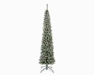 A very slim 7 foot tall artificial Christmas tree.