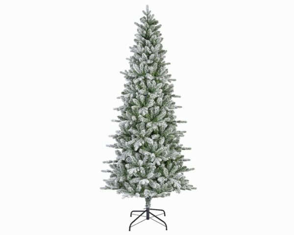 A slim 7 foot tall artificial Christmas tree with frosted tips.