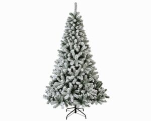 A 7 foot tall artificial Christmas tree with frosted tips.