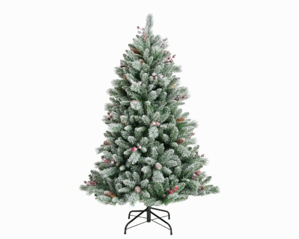 A 5 foot tall artificial Christmas tree with frosted tips, realistic berries and pinecones.