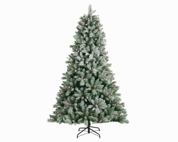 A 6 foot tall artificial Christmas tree with frosted tips, realistic berries and pinecones.